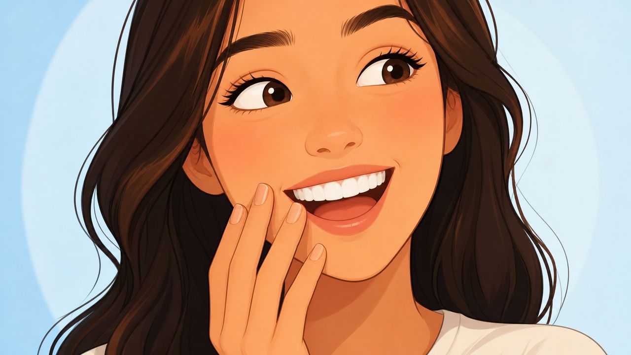 A happy young woman with long brown hair smiling widely while touching her face with her hand.
