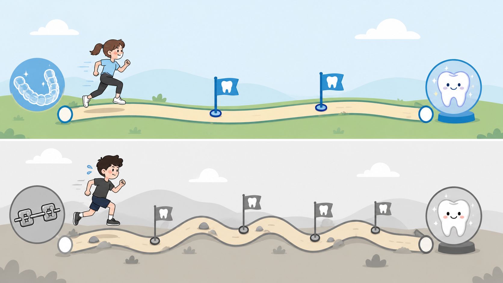 A comparison illustration showing a shorter, easier path for Invisalign and a longer, rockier path for braces.