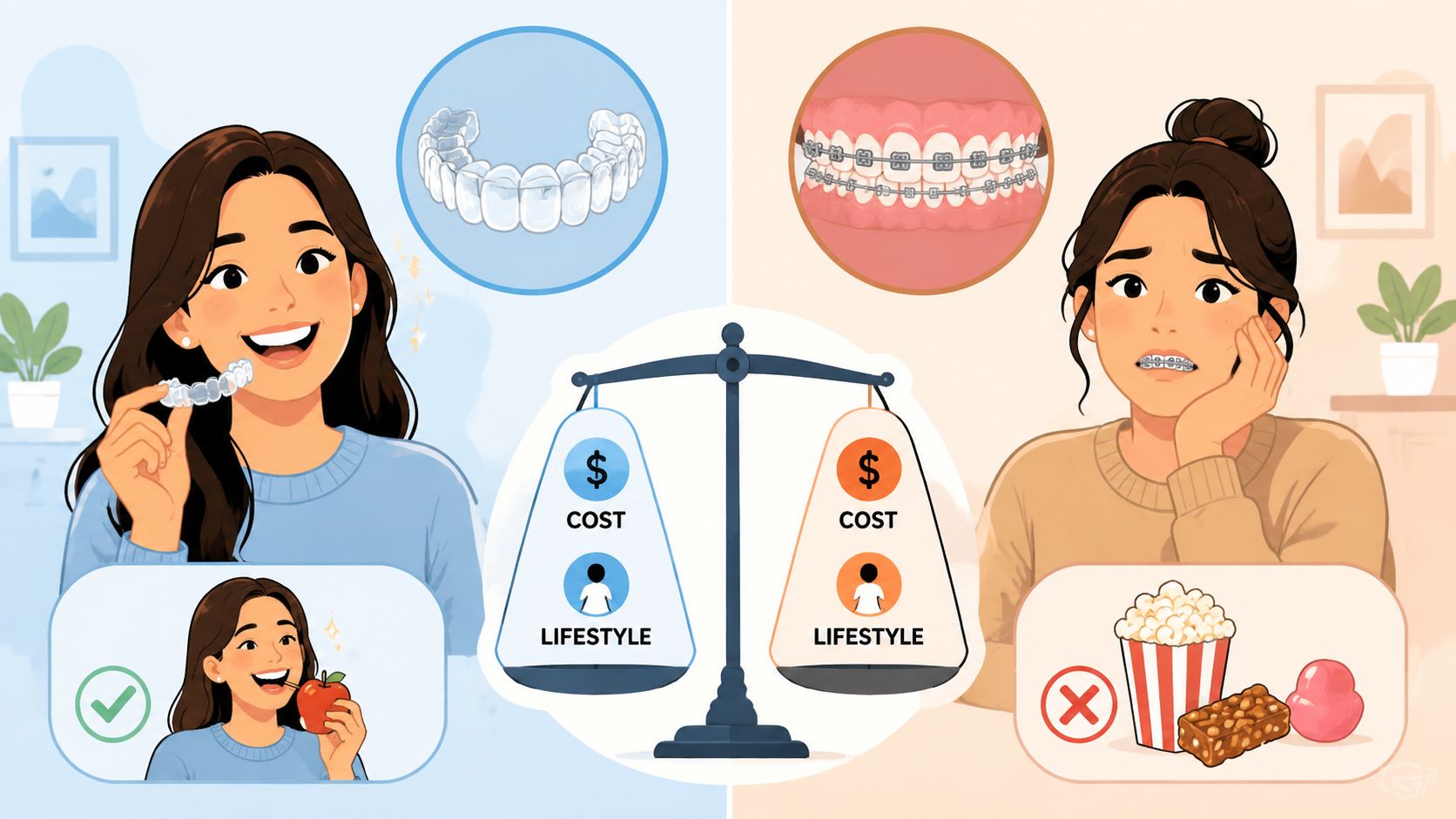 A comparison between clear aligners and metal braces for adults highlighting cost and lifestyle differences.
