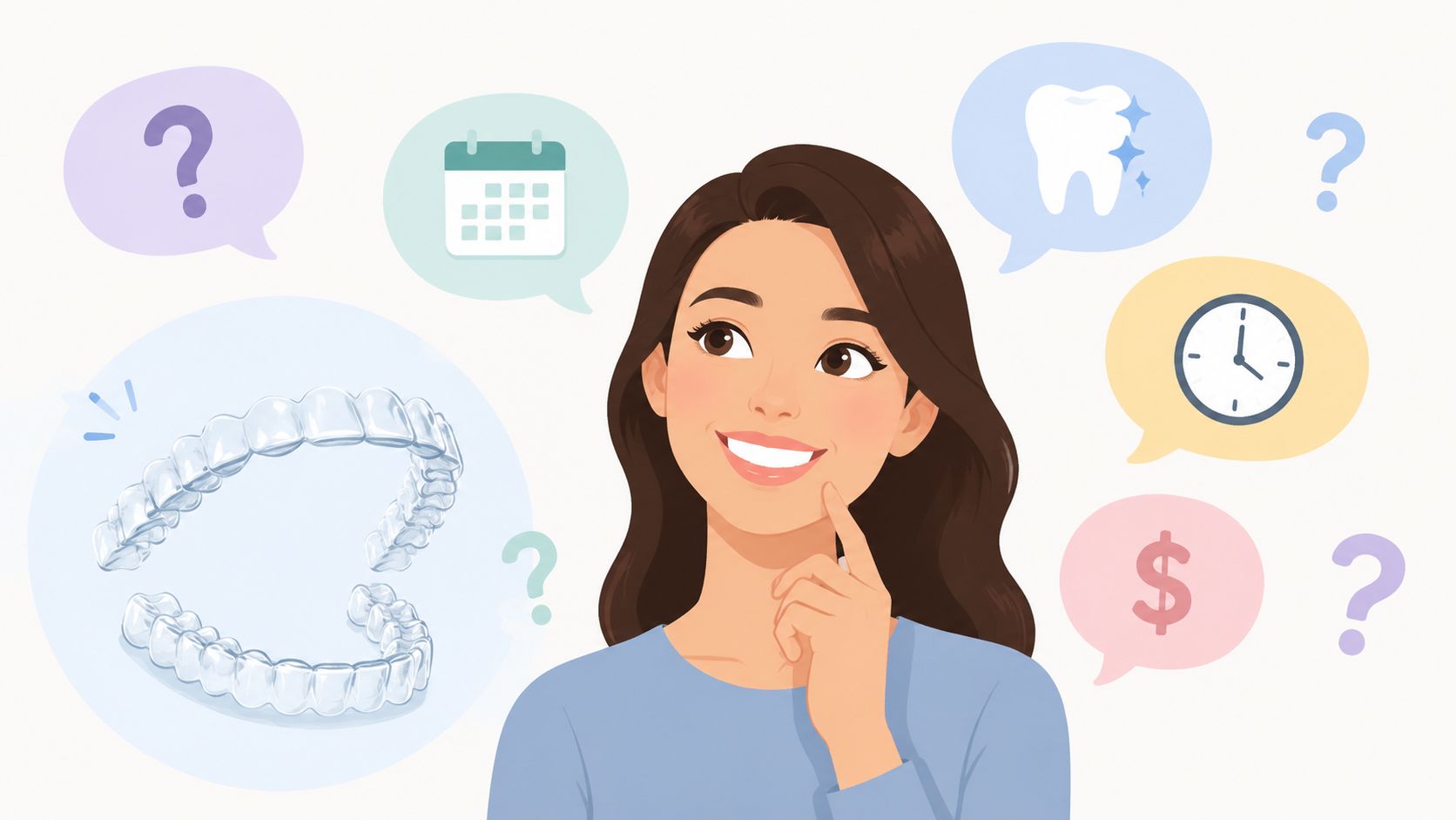 A woman thinking about dental treatment options with illustrations of aligners, a calendar, a tooth, and costs.