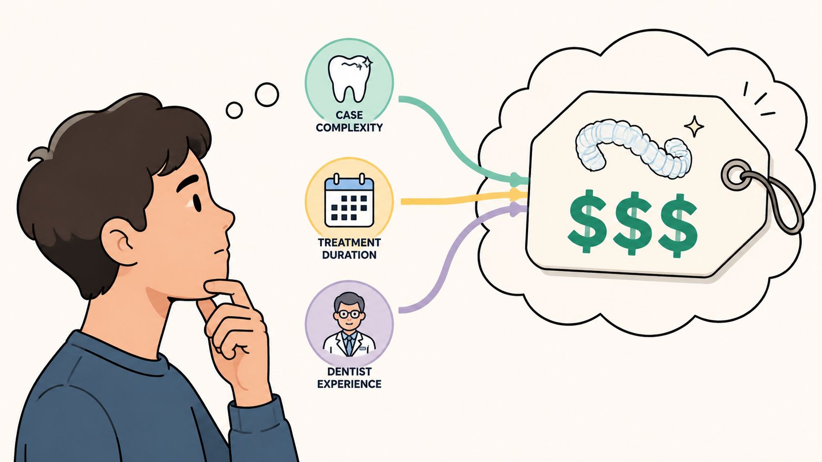 A person contemplating the factors that influence the total cost of Invisalign treatment for adults.