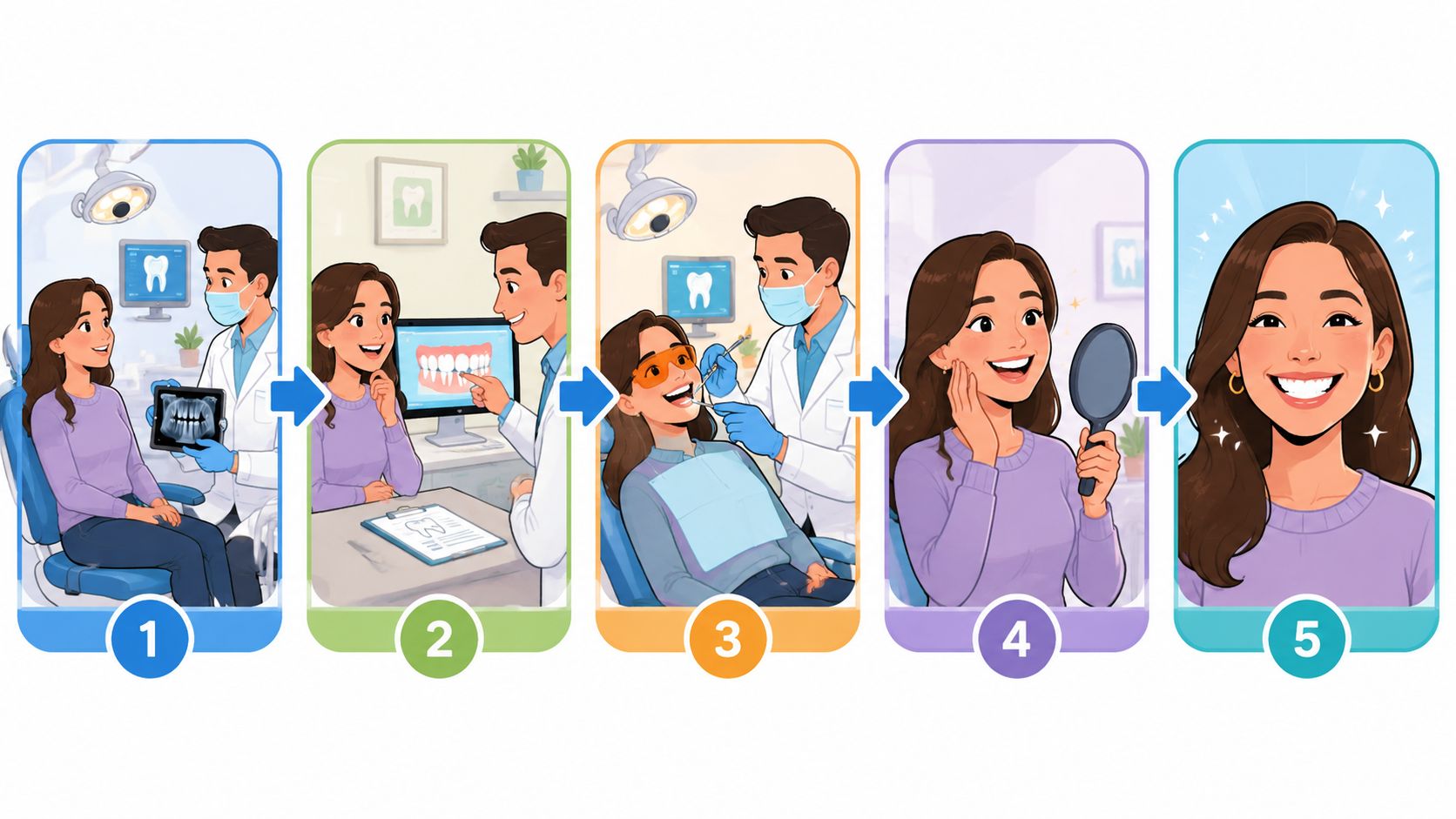 A five-step illustration showing a patient consulting with an orthodontist and receiving dental treatment for a perfect smile.