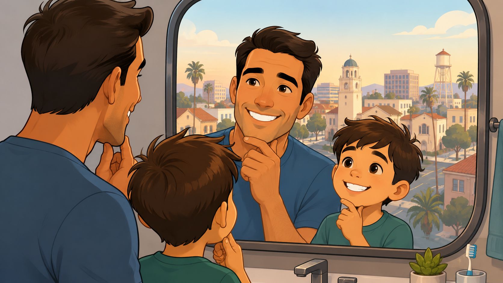 A smiling father and son looking at their reflections in a bathroom mirror with a city background.
