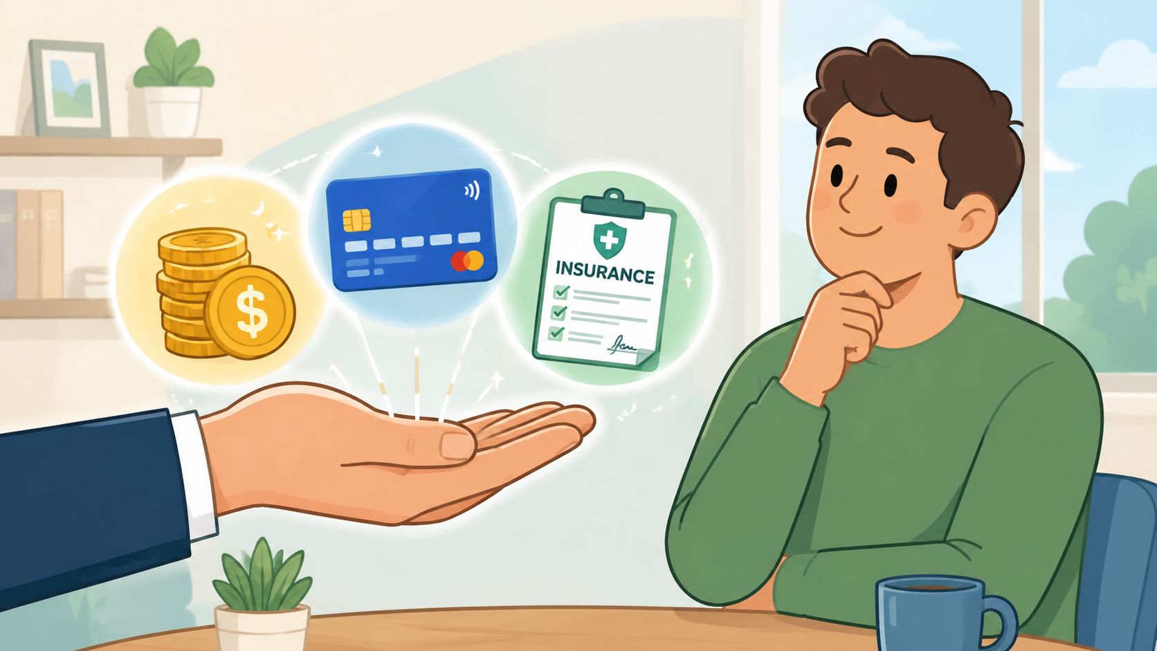 A professional hand offering coins, a credit card, and an insurance policy to a thoughtful young man.