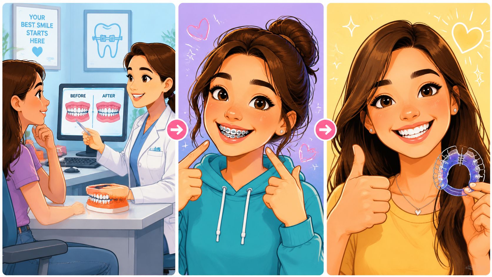 A three-part illustration showing a girl's journey through orthodontic treatment, from consultation to braces, and finally a straight smile.