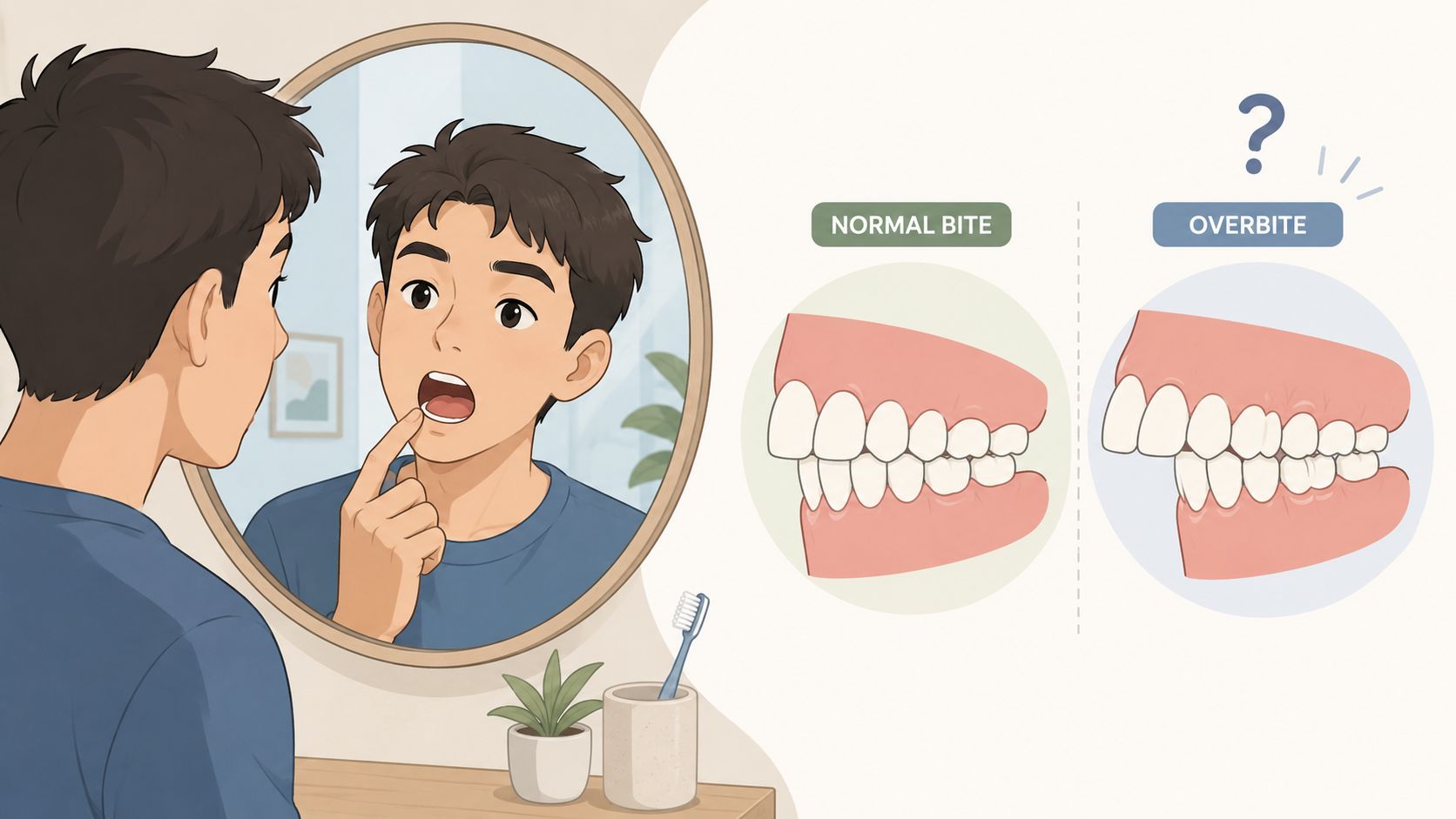 A young man looking into a mirror while comparing a normal bite with an overbite illustration.