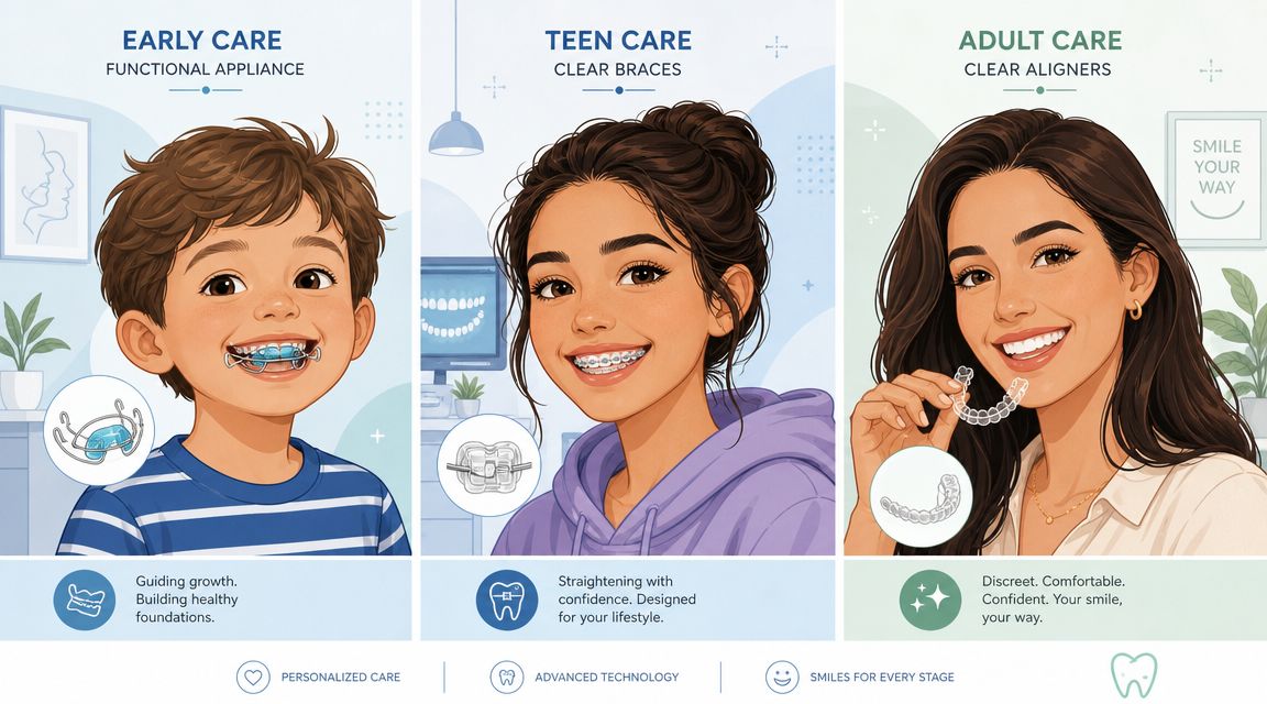 A dental infographic showing orthodontic treatment options for children, teenagers, and adults with varying smile-correcting appliances.