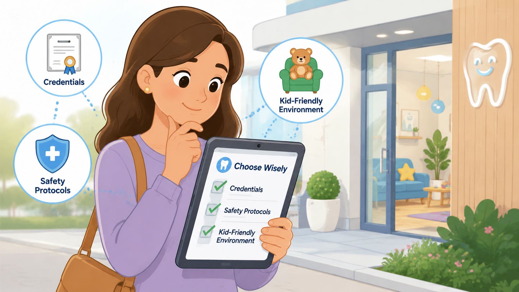 A woman holding a tablet with a checklist for choosing a safe, qualified pediatric dental office.