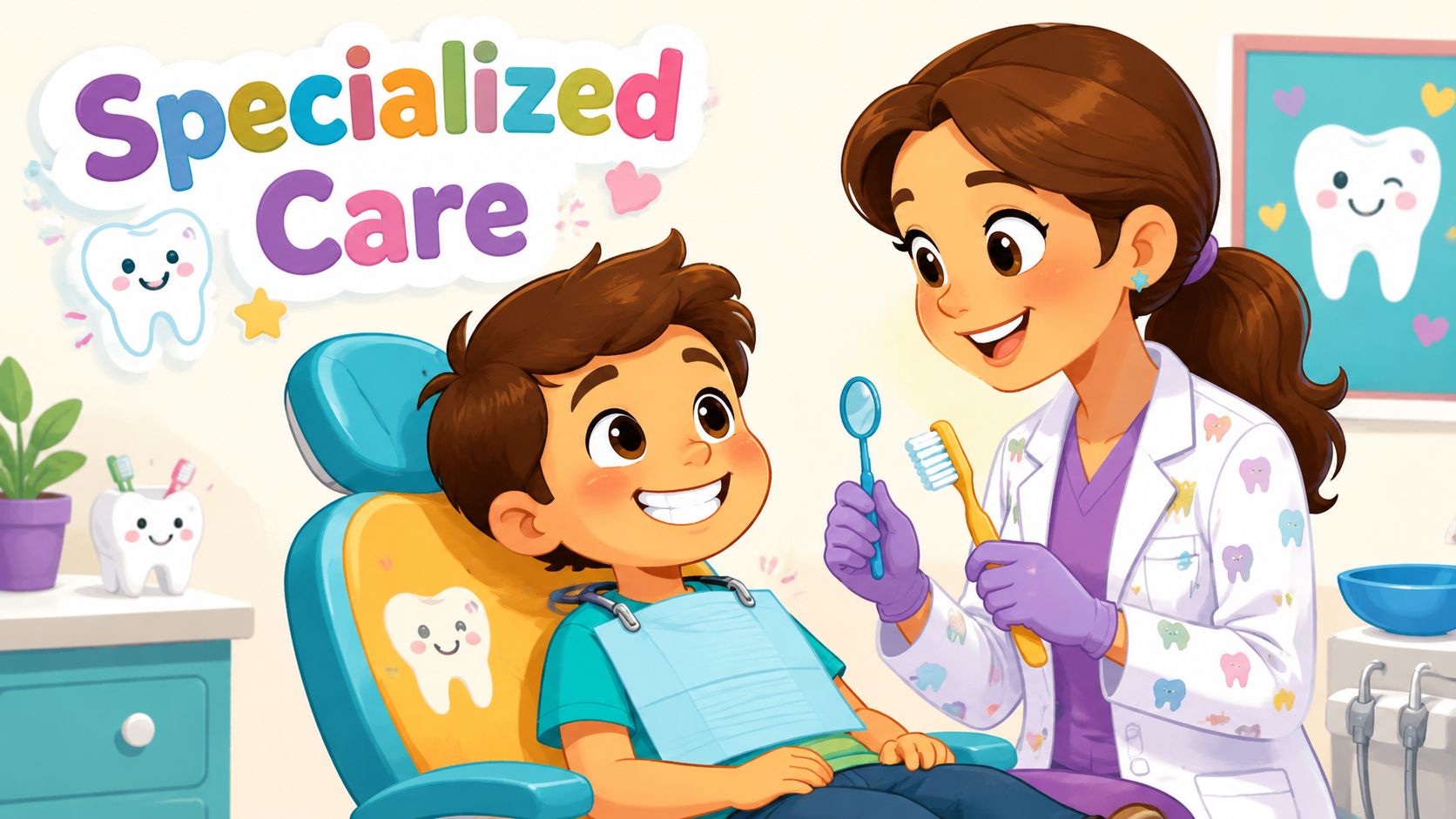 A friendly pediatric dentist smiling at a young boy sitting in a dental chair during a checkup.