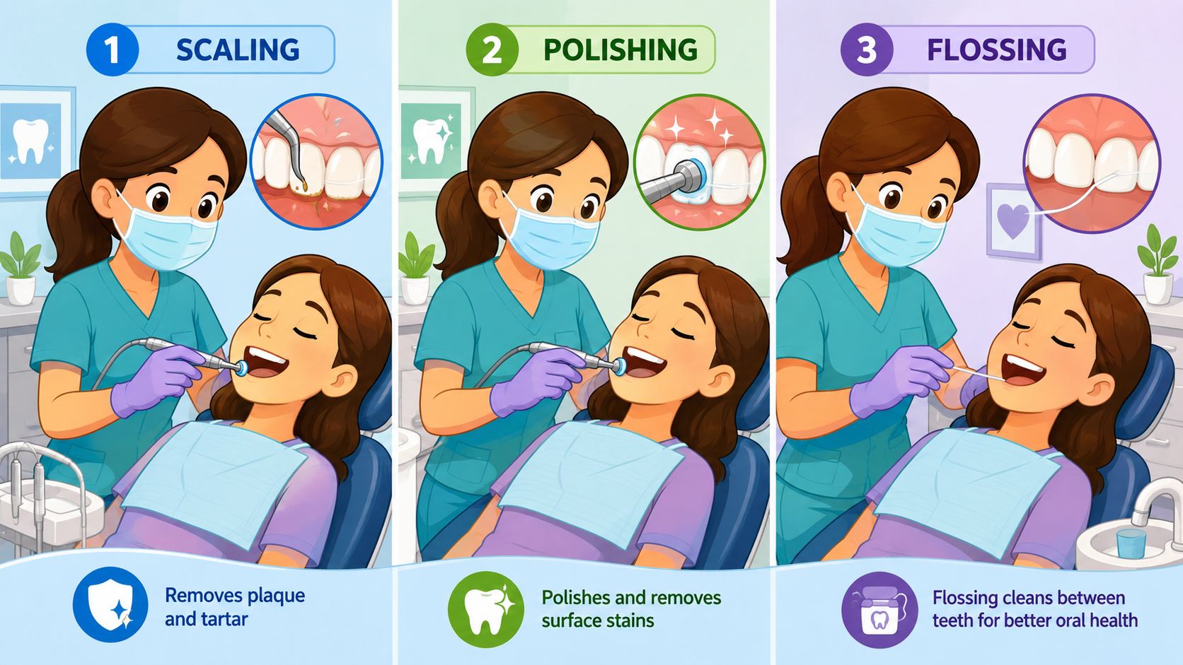 A dental hygienist performing a professional teeth cleaning procedure including scaling, polishing, and flossing for a patient.