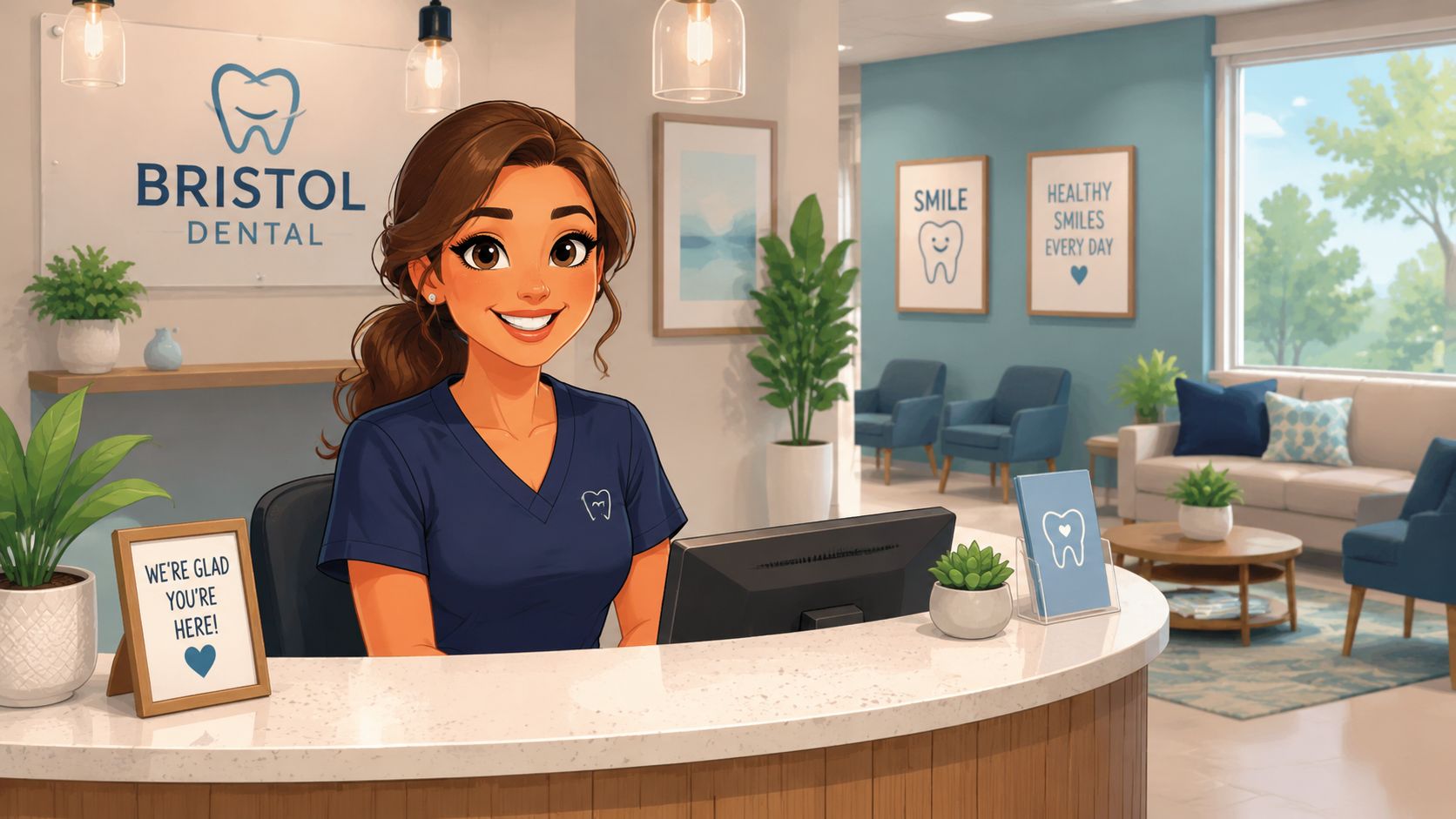A friendly dental receptionist smiling at the front desk of the welcoming Bristol Dental office.