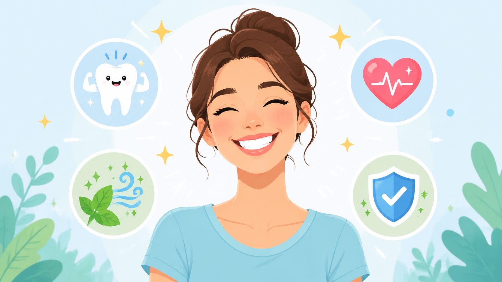 A smiling woman surrounded by circular icons representing dental health, fresh breath, heart health, and protection.