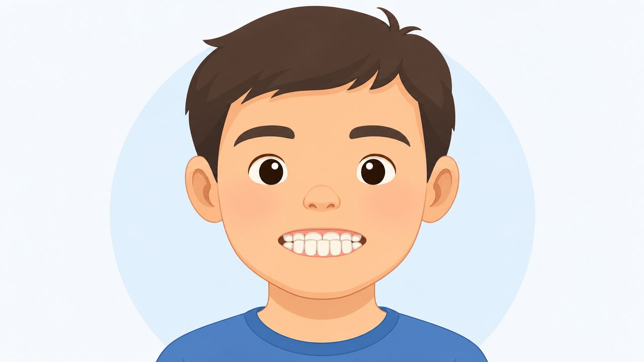 A friendly illustration of a young boy smiling and showing his teeth, suggesting a need for orthodontic consultation.
