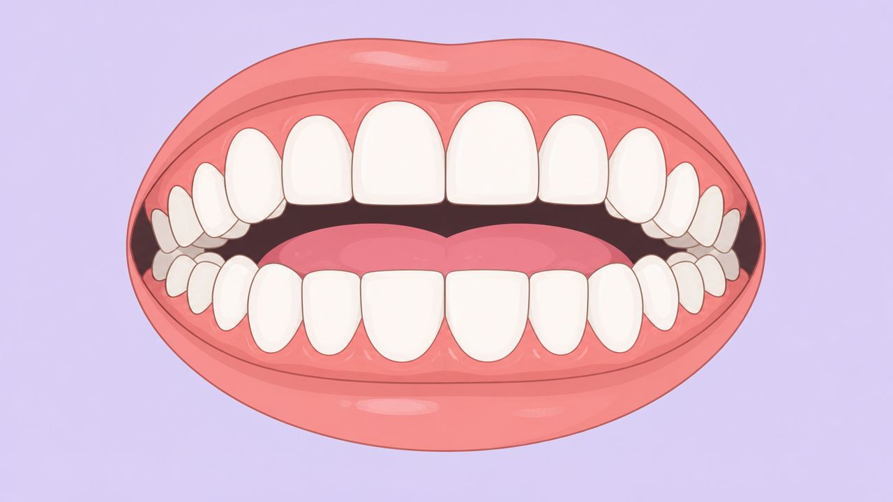 A colorful cartoon illustration of an open mouth showing clean white teeth and pink gums