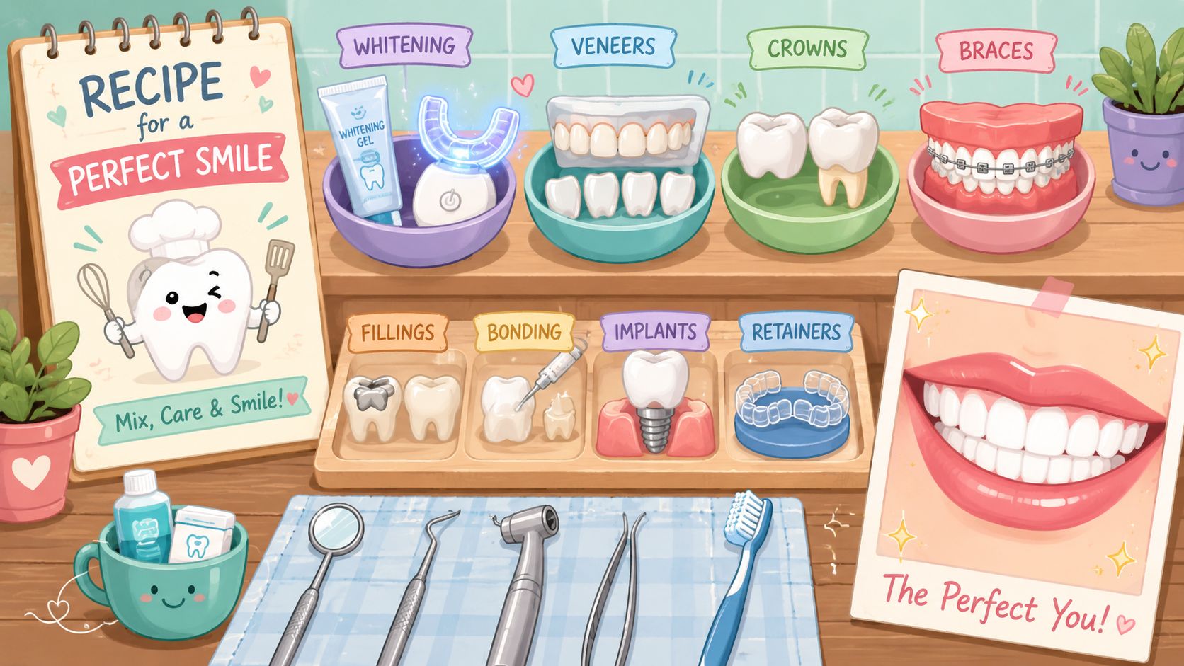 A whimsical illustration displaying various dental treatments like whitening, braces, and implants for a perfect smile.