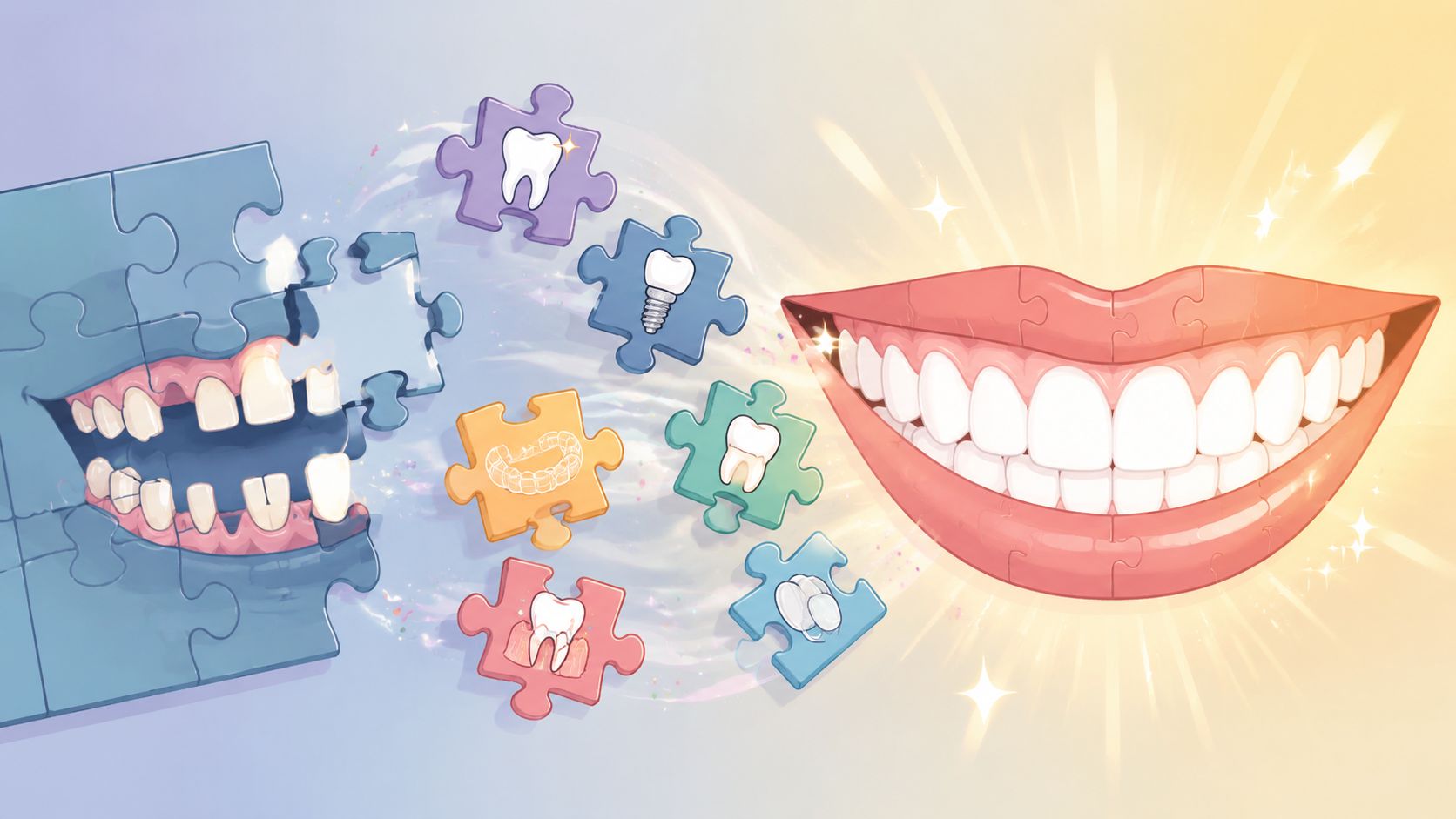 A puzzle illustration representing a dental smile makeover transforming broken teeth into a bright healthy smile.