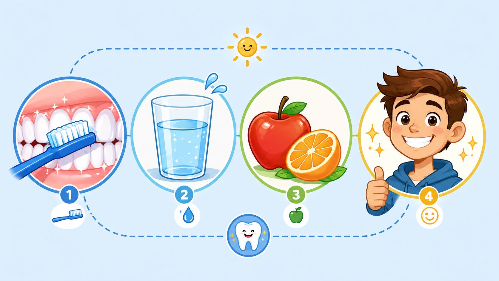A four-step dental hygiene guide showing brushing teeth, drinking water, eating fruits, and a healthy smile.