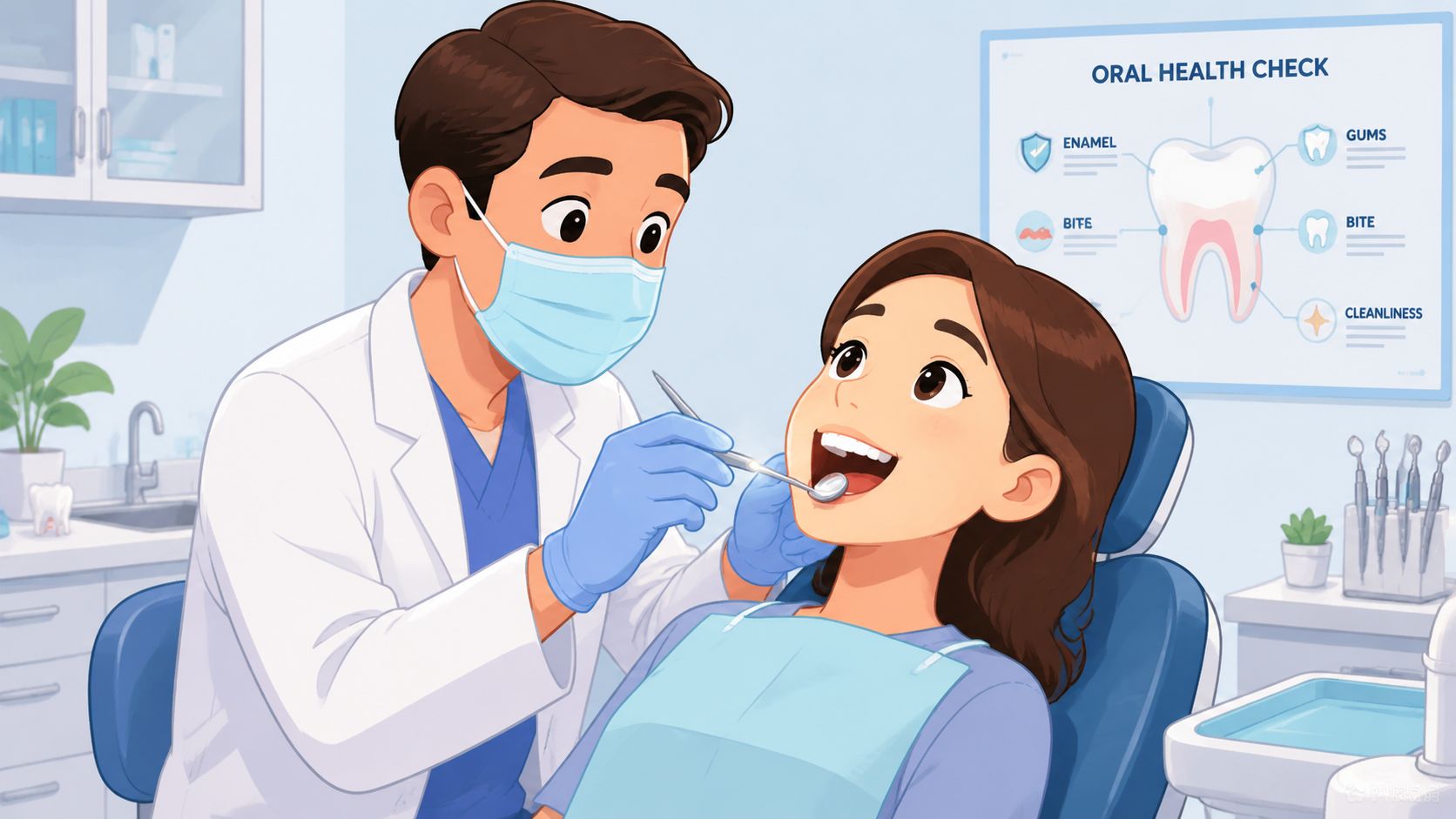 A friendly male dentist wearing a mask and gloves examines a young woman's teeth during a checkup.