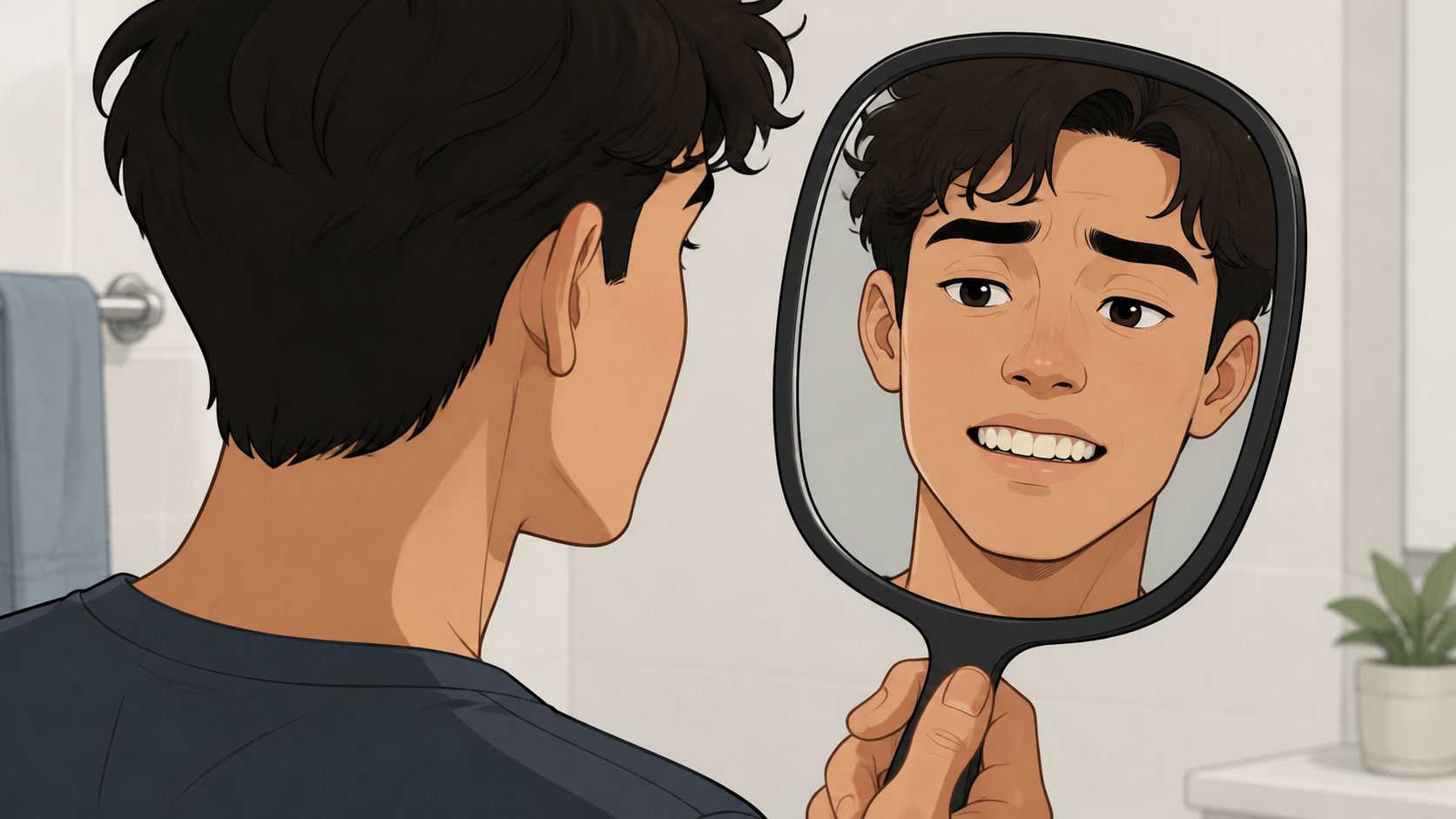 A young man looking at his reflection in a hand mirror to inspect his smile after braces.