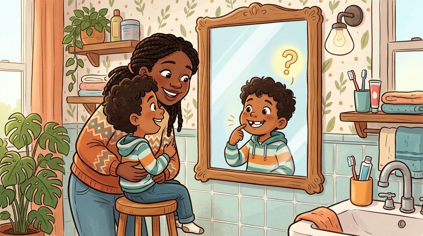 A smiling mother helping her young son look at his new gap-toothed smile in the bathroom mirror.