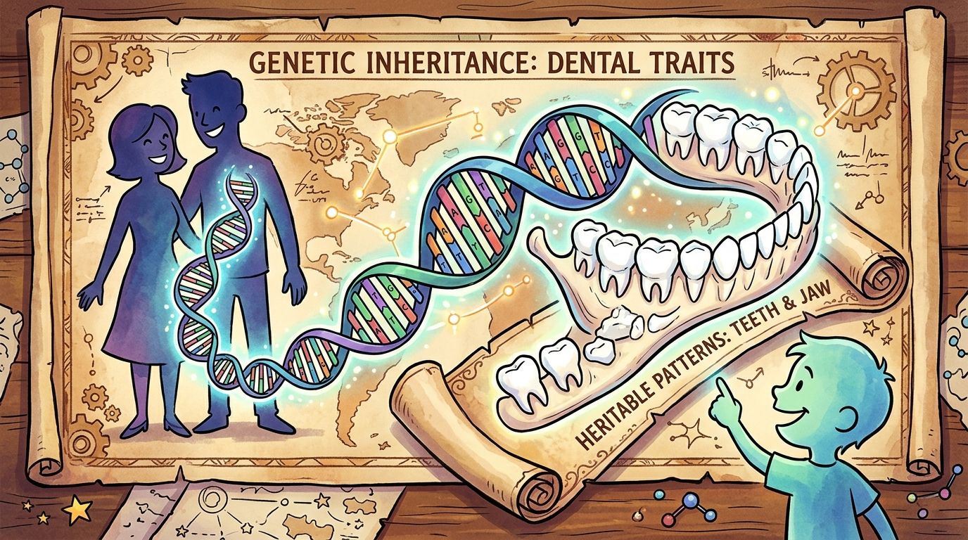 An educational illustration showing DNA, parents, and a child pointing at a diagram of dental traits.