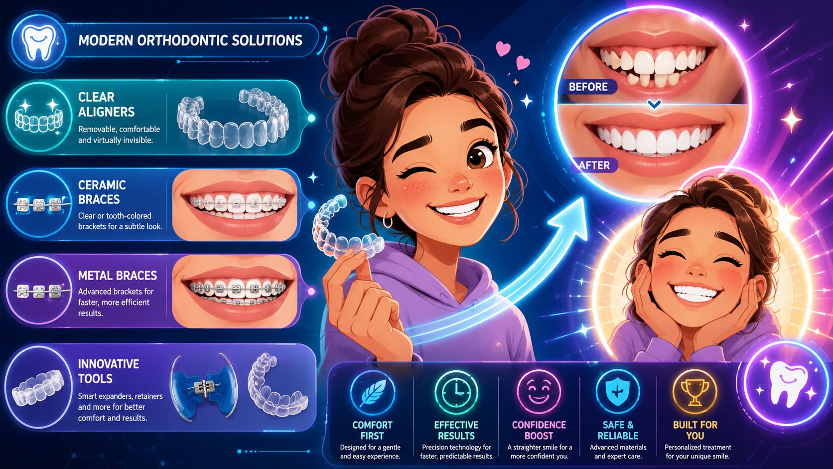 A digital illustration showing modern orthodontic options like clear aligners, ceramic braces, and metal braces for straighter teeth.