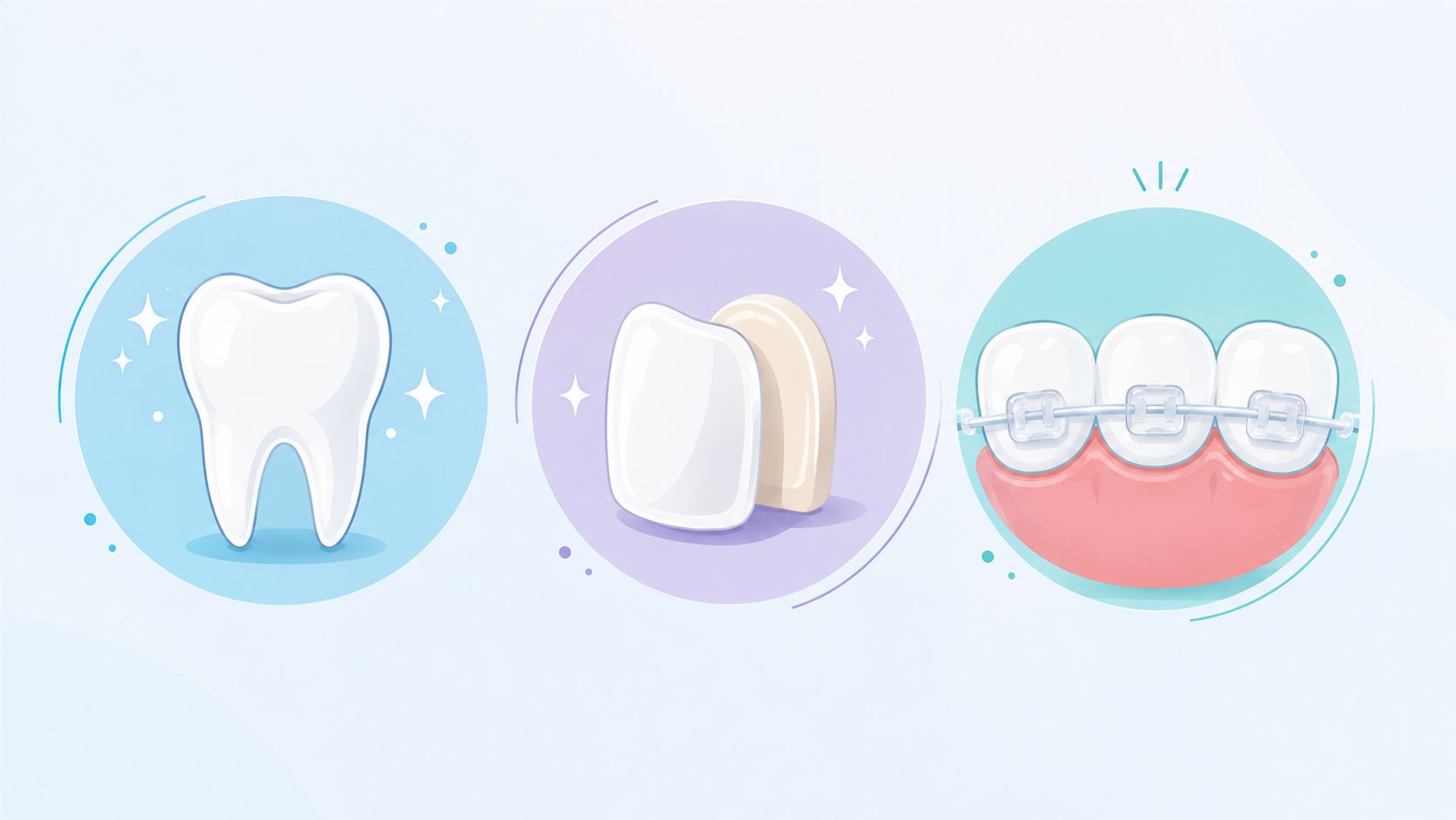 A digital illustration showing a tooth, dental veneers, and teeth with metal braces in circular frames.