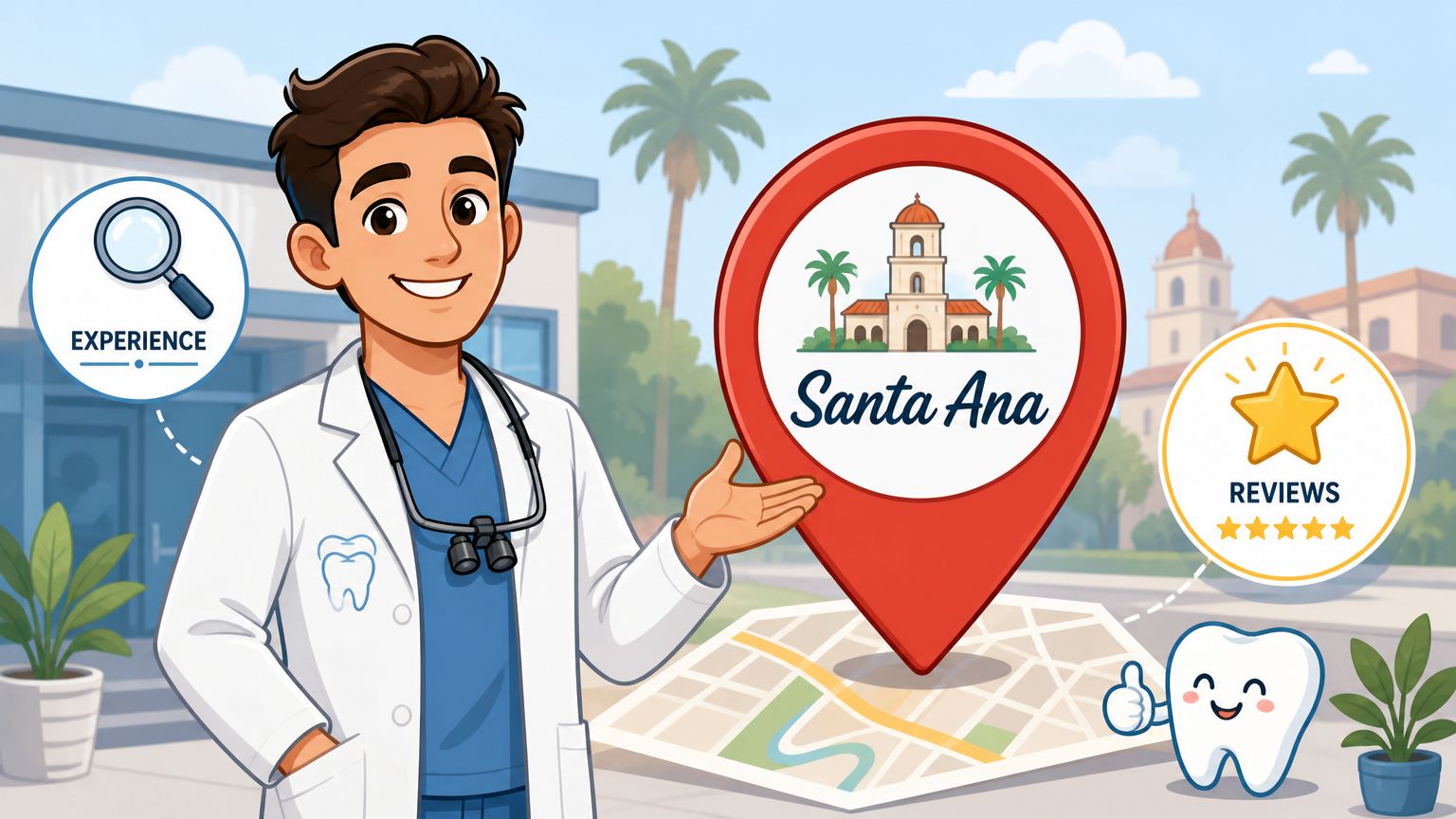 A friendly cartoon dentist pointing towards a Santa Ana location pin on a map with review stars.