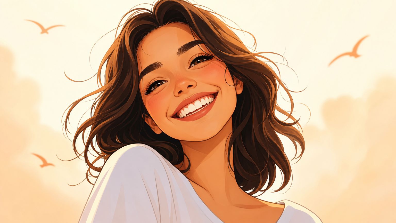 A young woman with a radiant, confident smile showcasing healthy, bright white teeth against a sunny background.