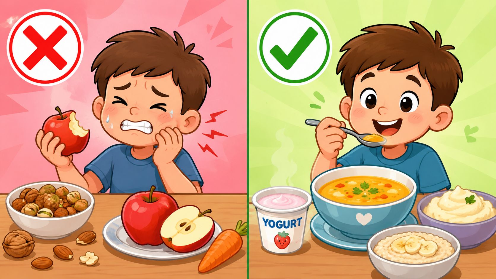 A boy with braces showing foods to avoid like apples versus soft foods to eat for relief.
