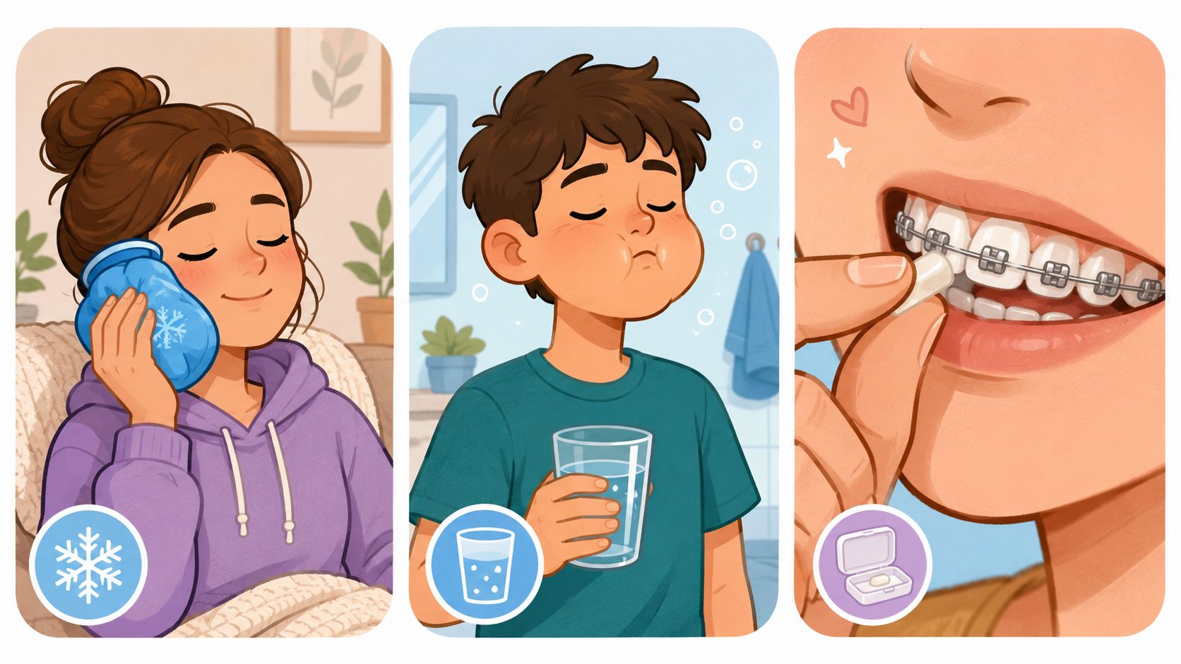 Three illustrations showing ways to relieve orthodontic pain including using an ice pack, rinsing, and applying wax.