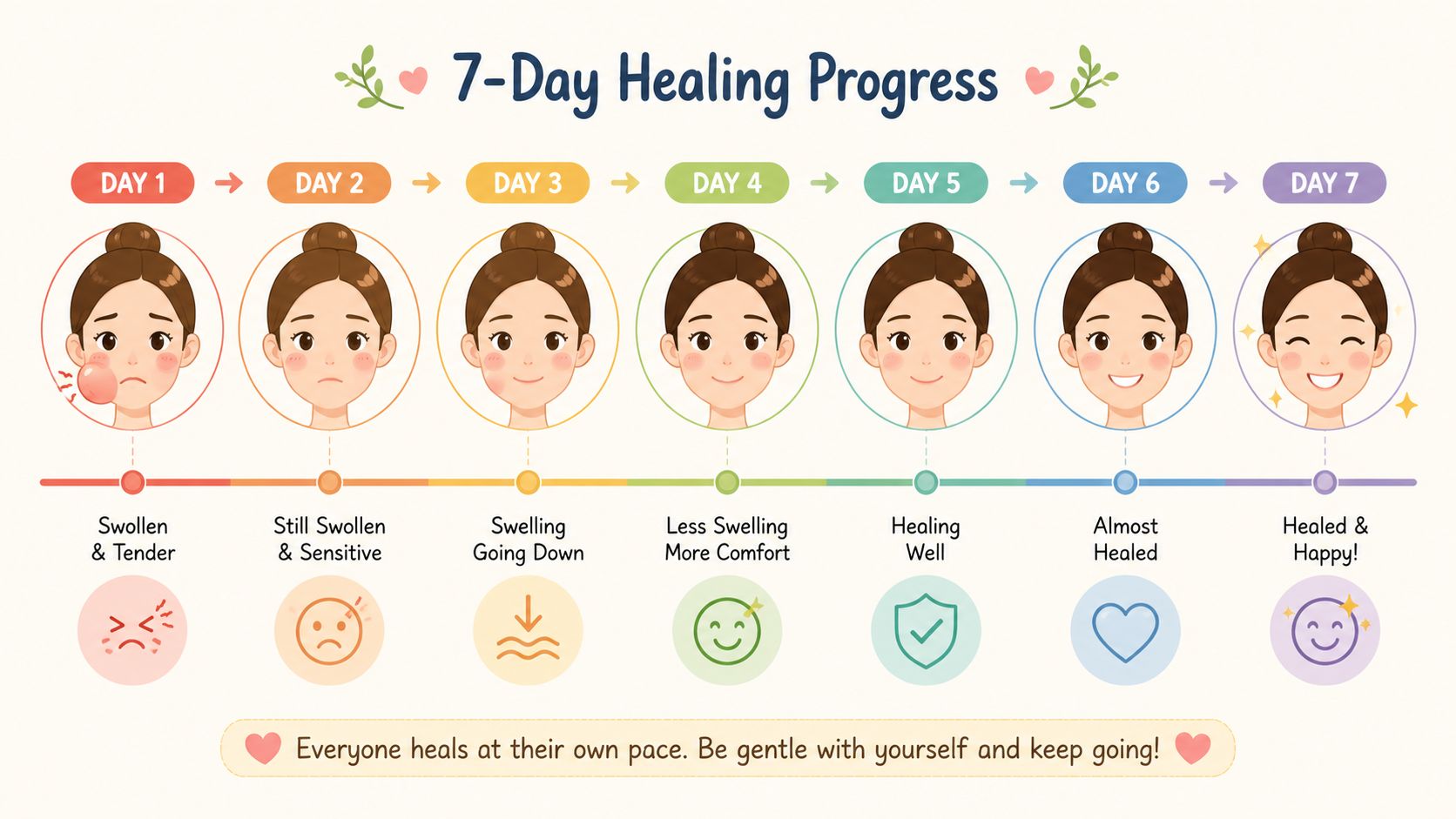 A 7-day visual chart showing the facial healing progress after wisdom tooth surgery with daily facial expressions.