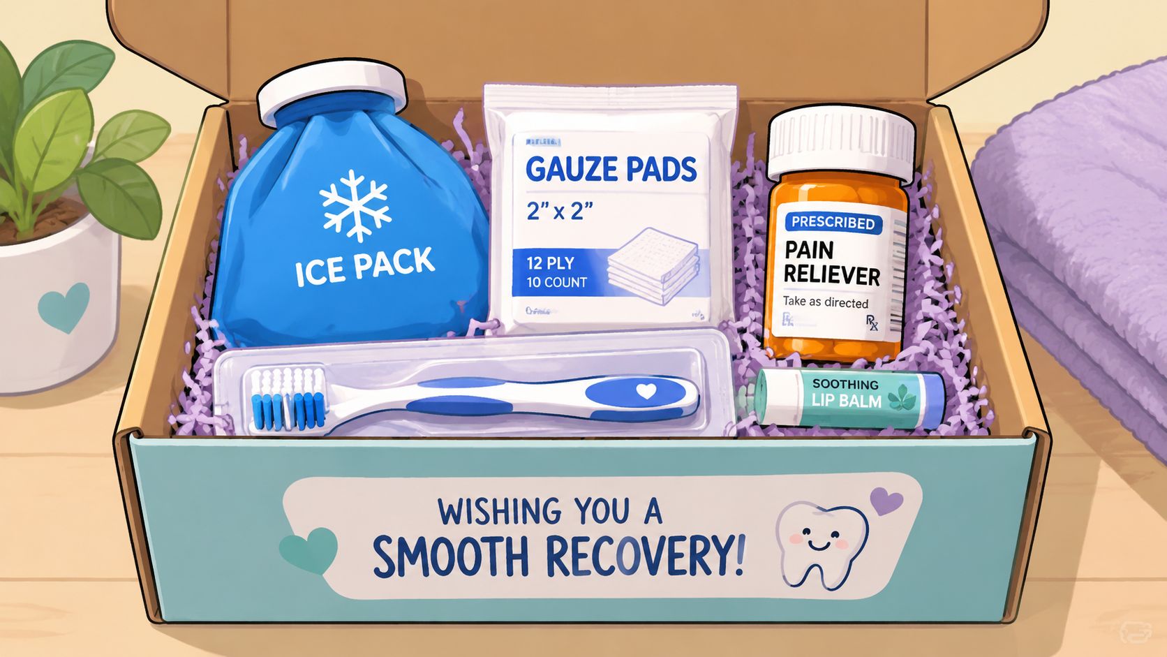 A thoughtfully curated wisdom teeth recovery care package with ice pack, gauze, pain relief, and lip balm.