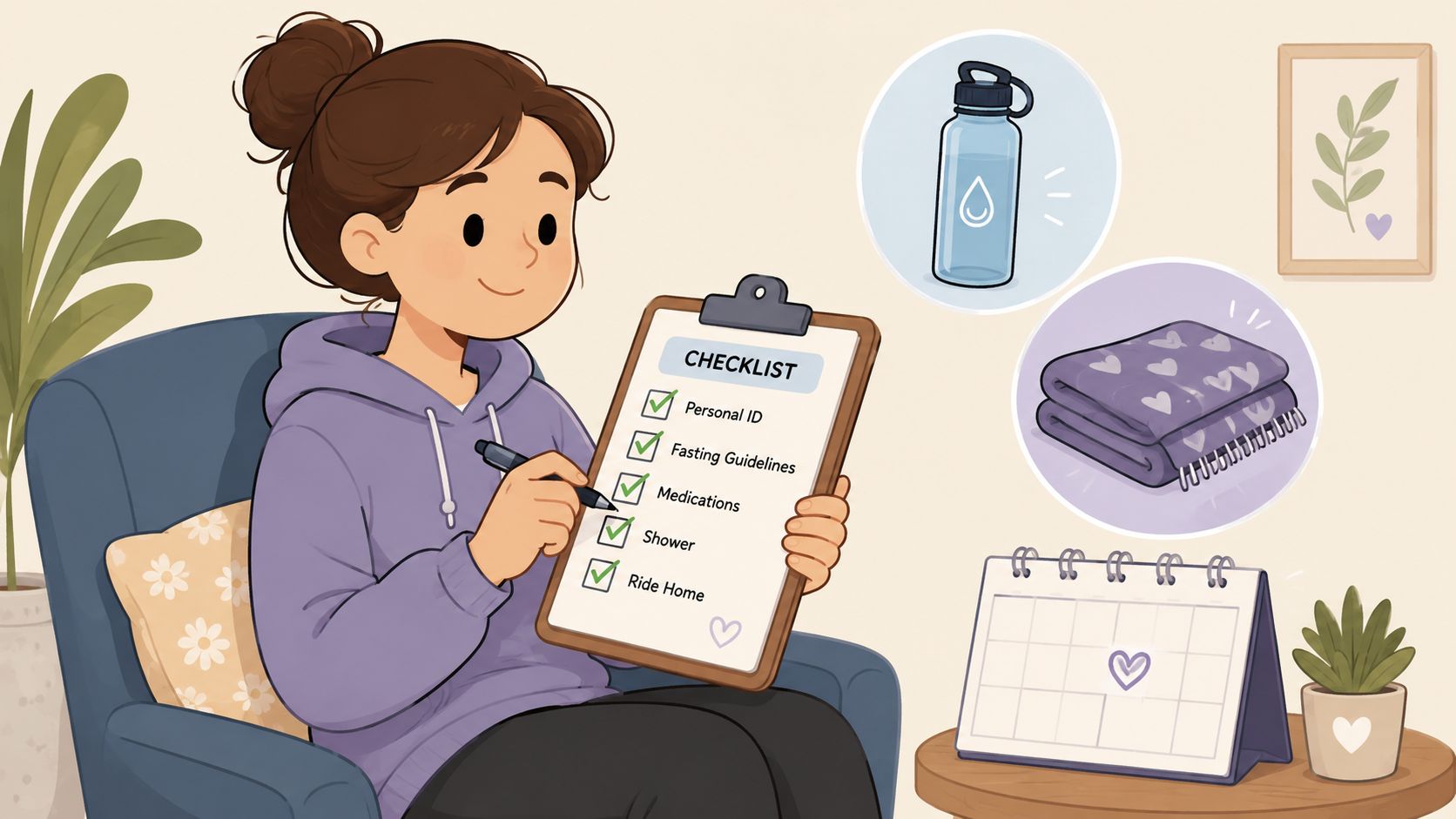A girl sitting in a chair reviewing a medical checklist with items related to upcoming surgery preparation.