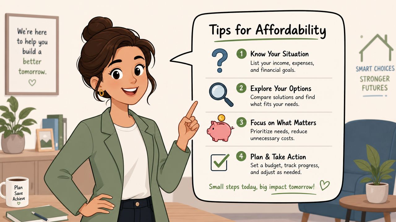 A professional woman presenting a guide with four practical steps for managing personal financial affordability and planning.