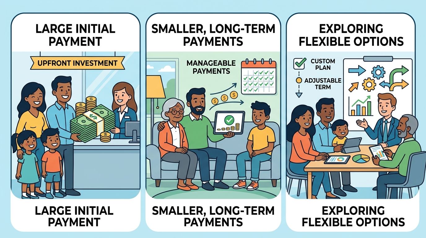 A diagram illustrating three different financial payment plans for braces: upfront investment, manageable monthly installments, and flexible options.
