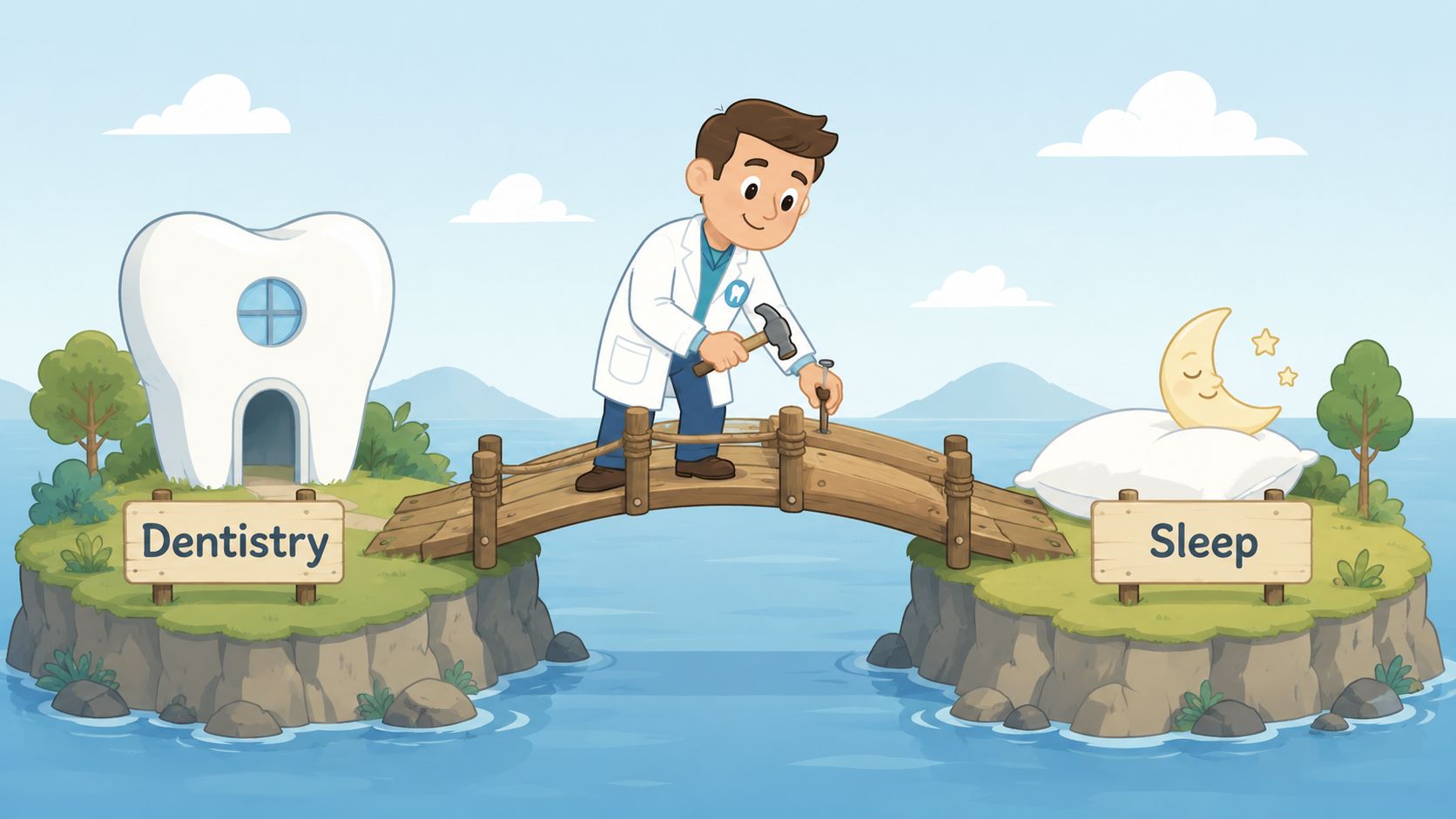 A dentist bridging the gap between dental care and sleep health in a creative illustration.