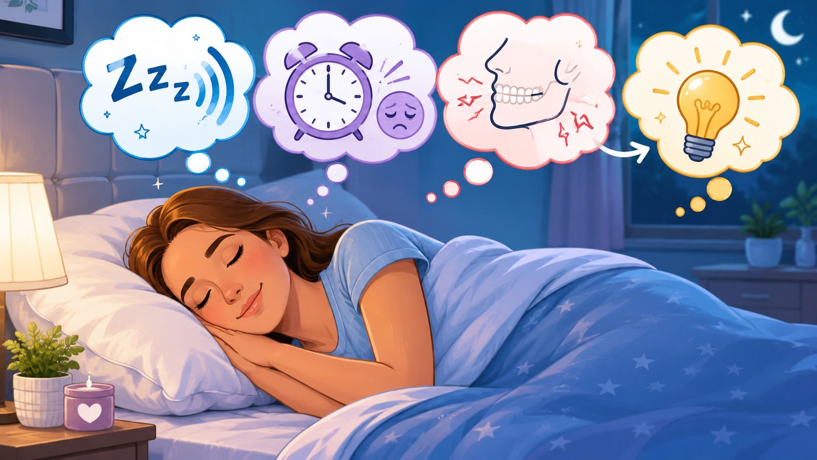 A peaceful woman sleeping in bed with thought bubbles illustrating sleep issues and potential dental health solutions.