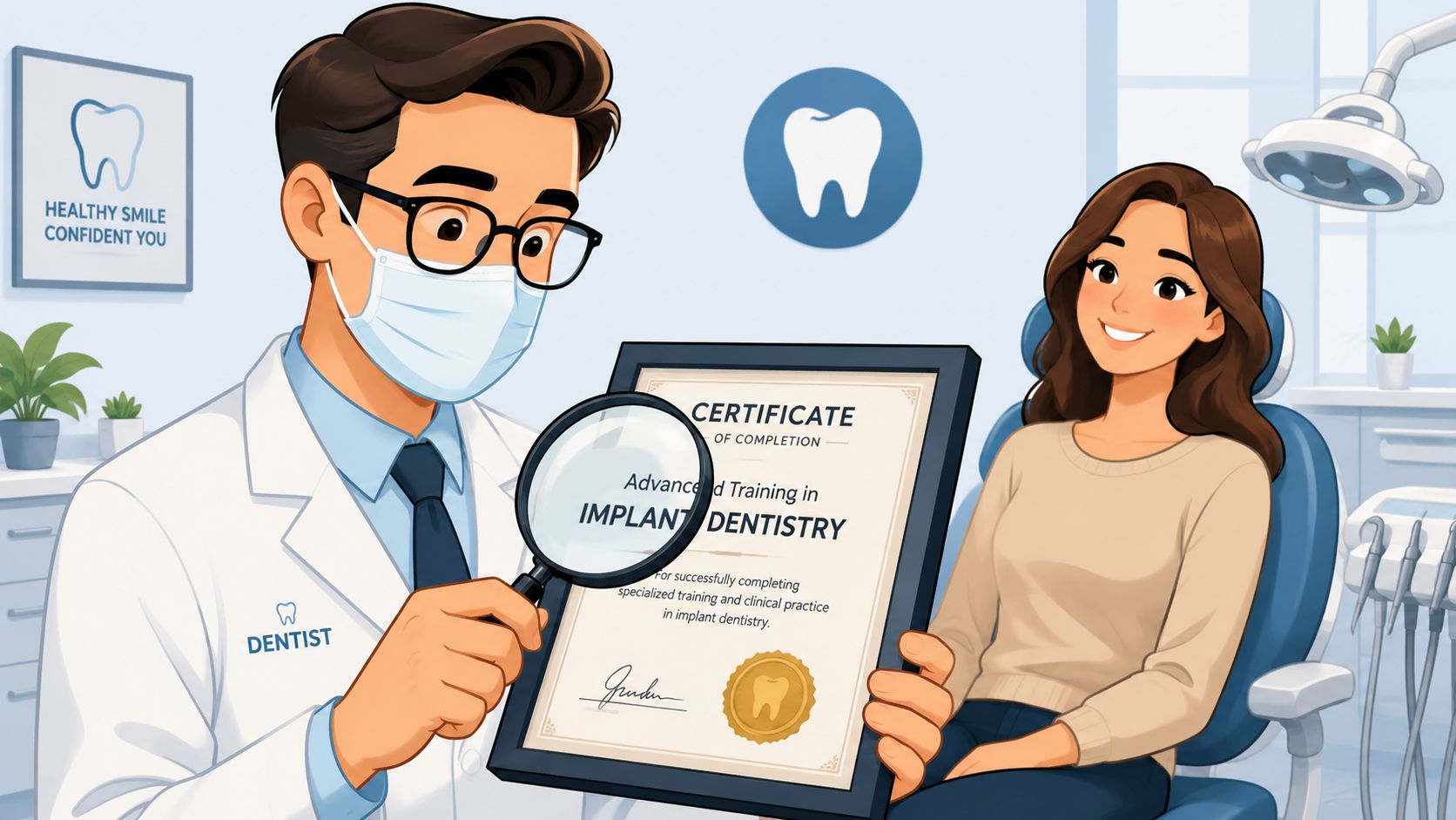 A professional dentist wearing a mask and glasses holds a certificate in implant dentistry for a patient.