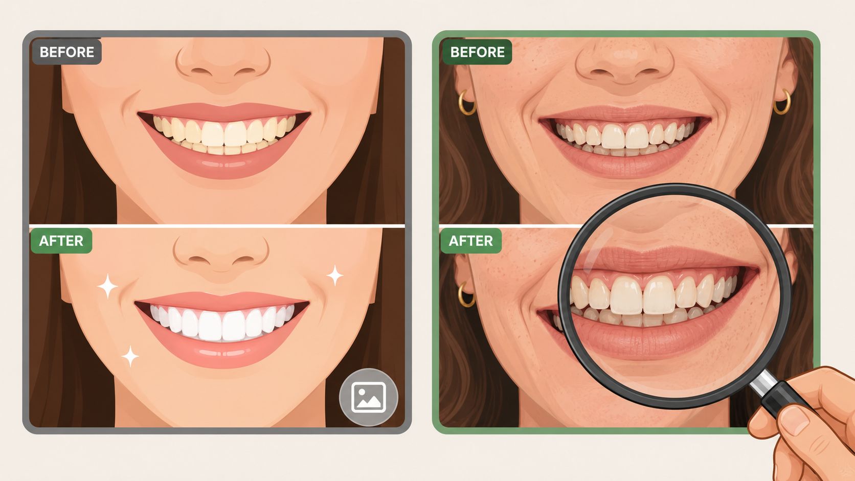 A split image showing before and after comparisons of teeth whitening results for cosmetic dental treatments.