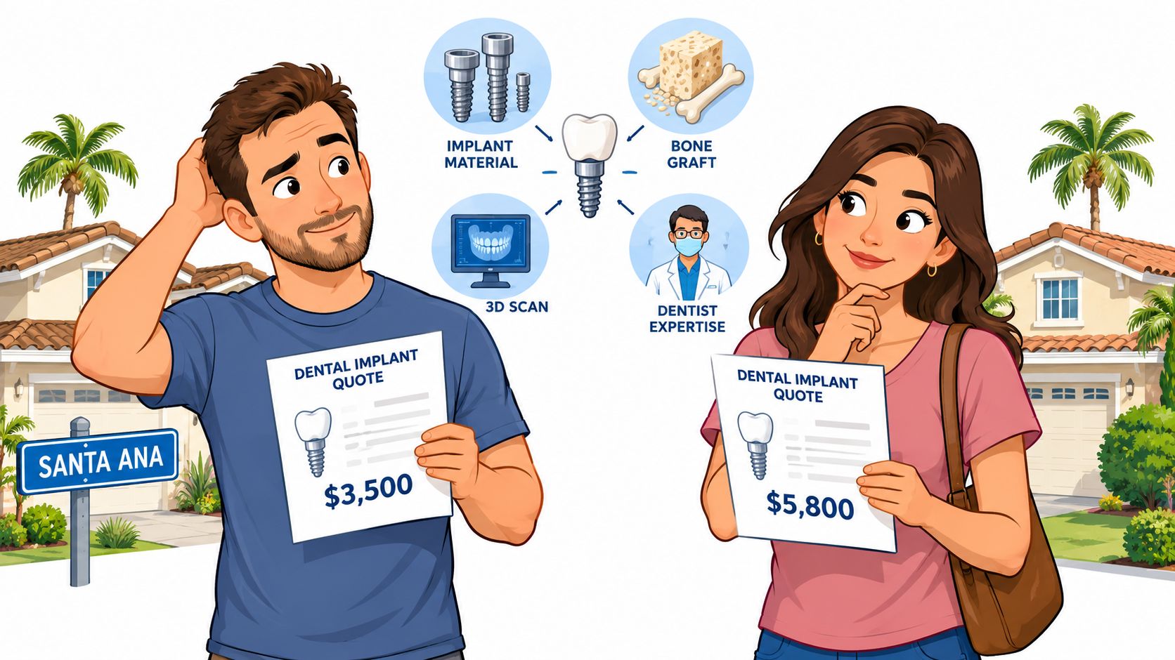 A man and woman in Santa Ana comparing two different price quotes for dental implant procedures.
