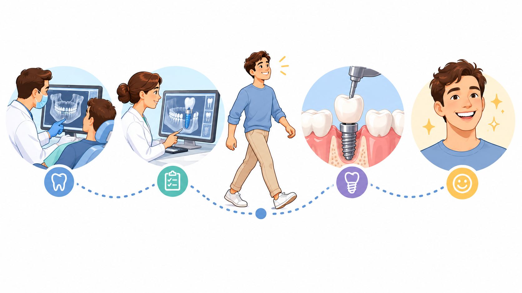 A step-by-step illustration showing the dental implant procedure from initial consultation to final results.