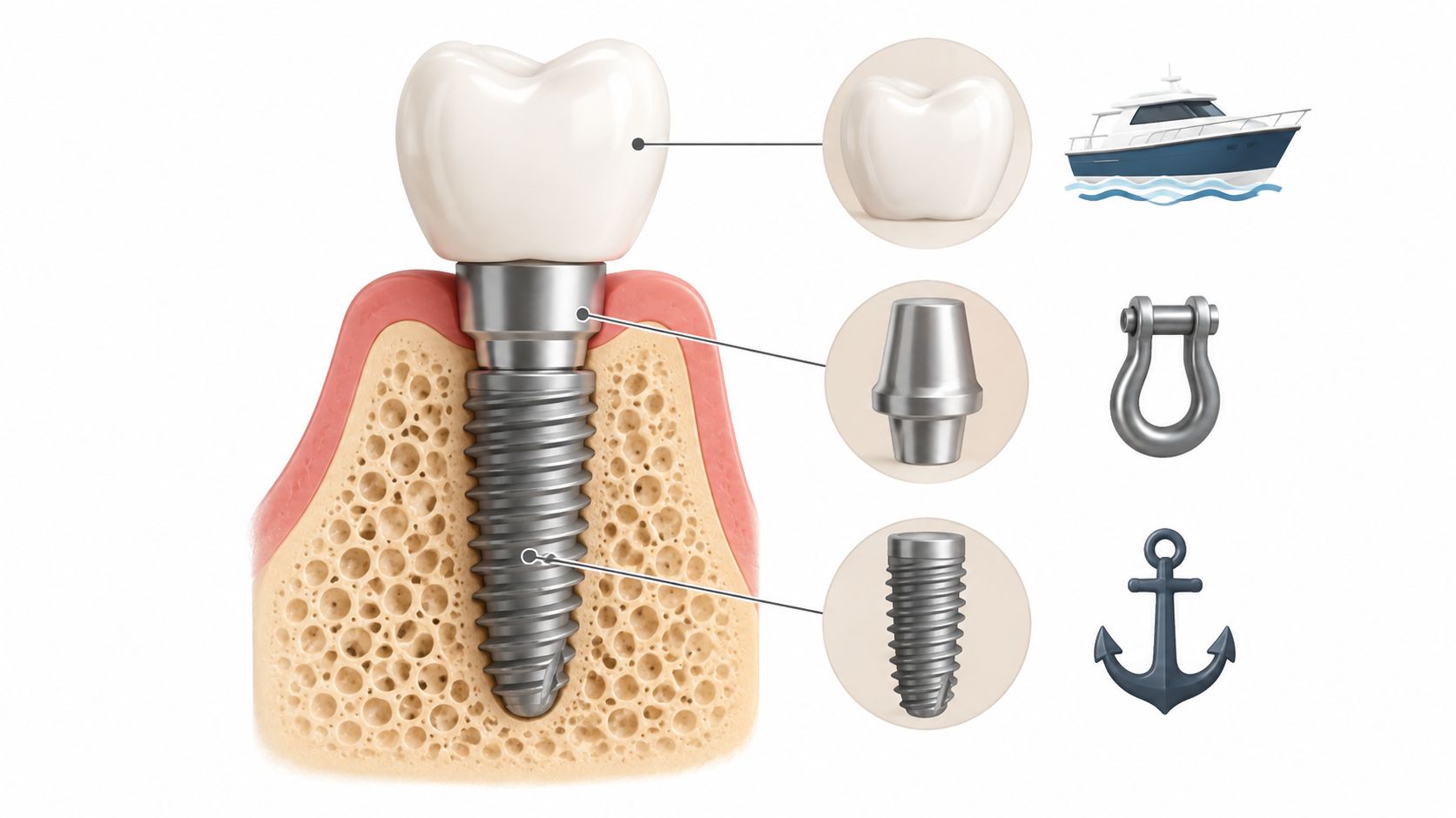 A diagram illustrating the components of a dental implant with corresponding nautical analogies for each part.