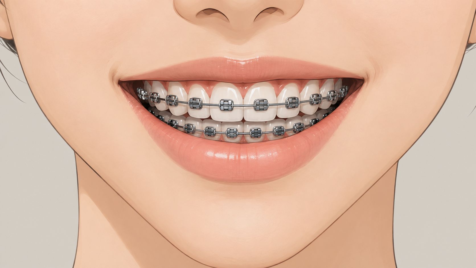 A close-up shot of a person smiling brightly, showcasing their teeth with metal braces attached.