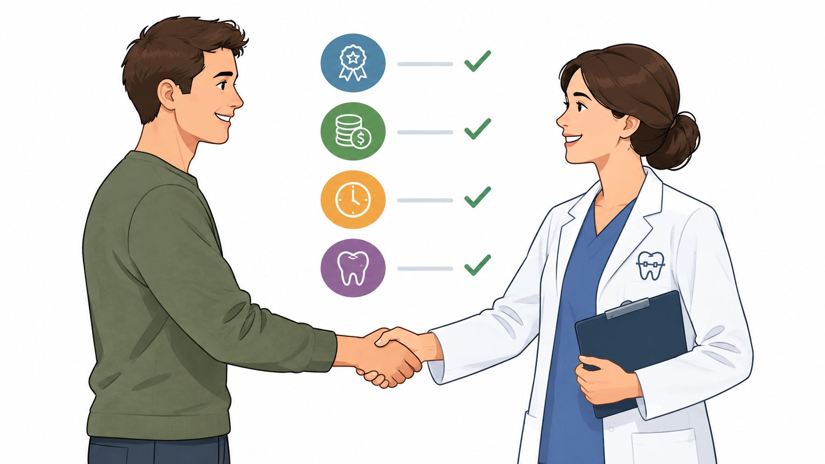 An adult male shaking hands with a professional female orthodontist in a clinical dental setting.