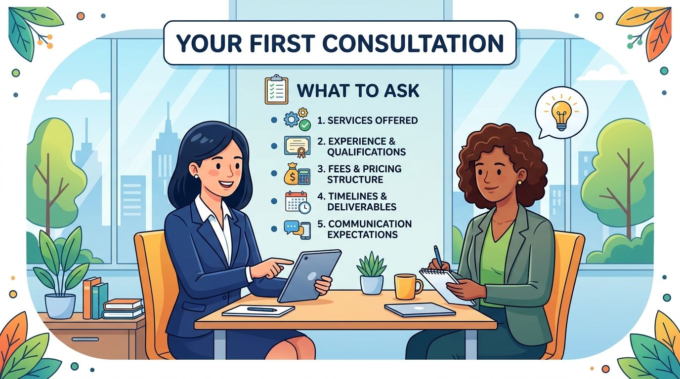 A professional consultation meeting in an office setting with tips on what questions to ask professionals.