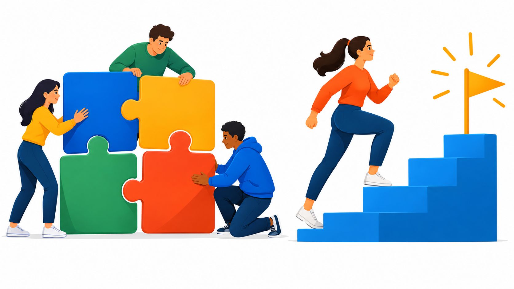 A diverse group of people collaborating to solve a puzzle and climbing stairs toward a goal flag.