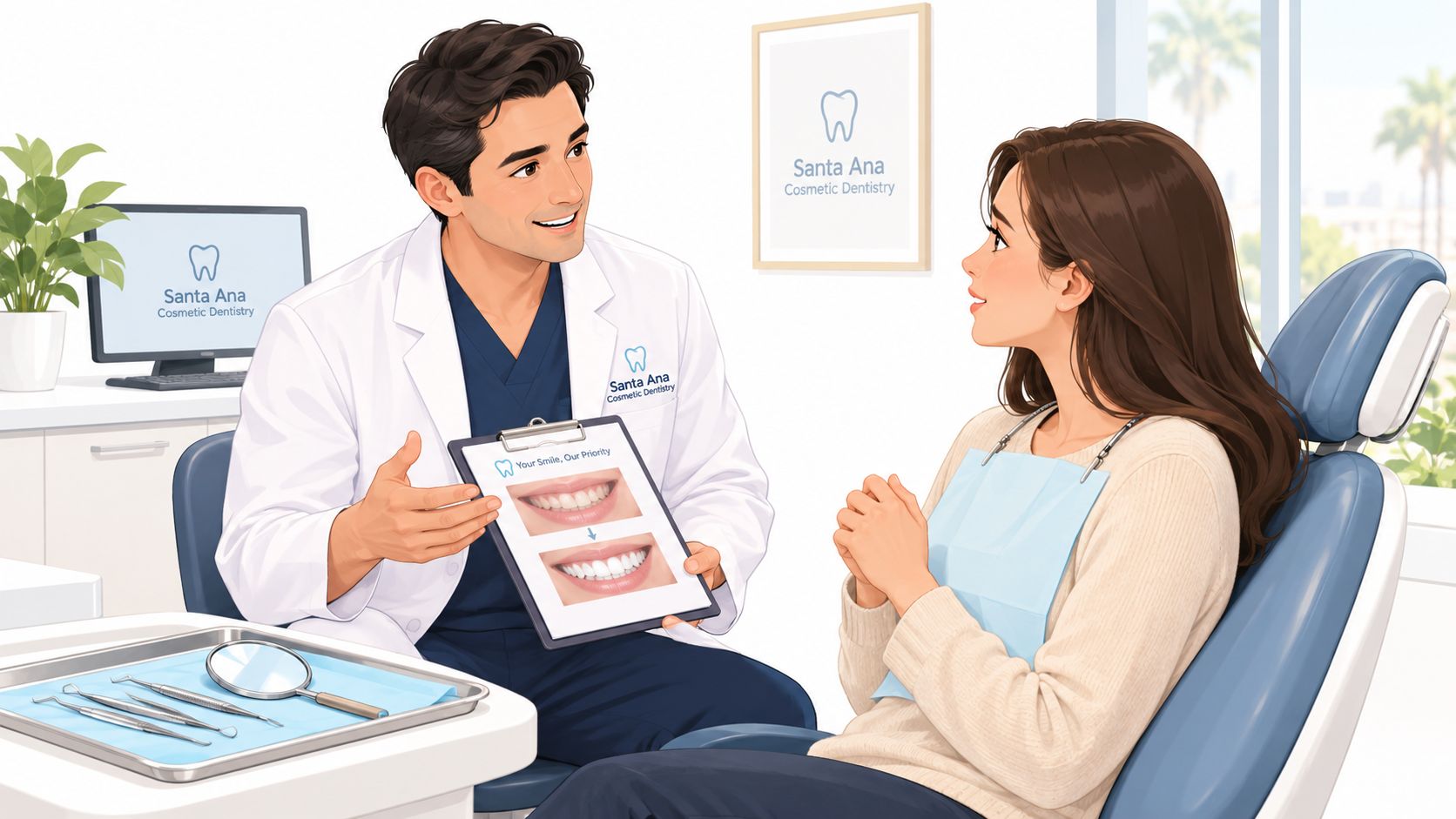 A friendly dentist explaining a teeth whitening procedure to a patient during a cosmetic consultation.