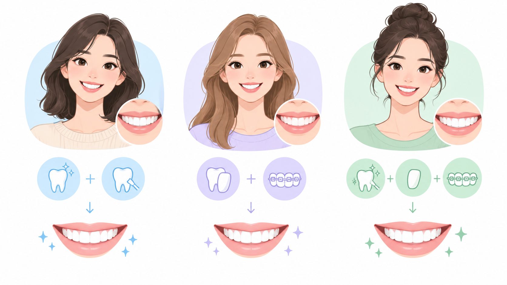 Three illustrations of smiling women showing various cosmetic dental procedures like whitening, veneers, and orthodontic treatments.