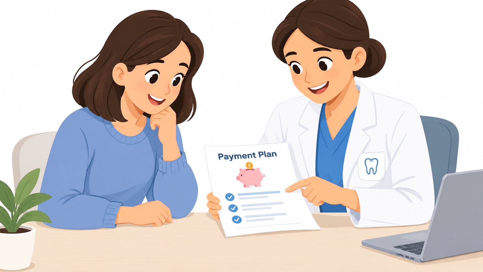 A dentist explaining a payment plan document to a patient in a professional dental office setting.